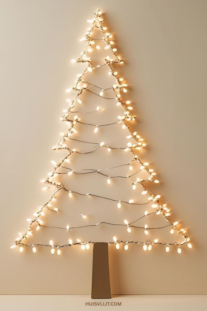 kerstboom met lichtjes op muur