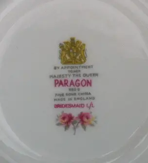 Kringloopvondst: Paragon Bridesmaid kop en schotel 3 by apoointment to her majesty the queen bridesmaid l/l