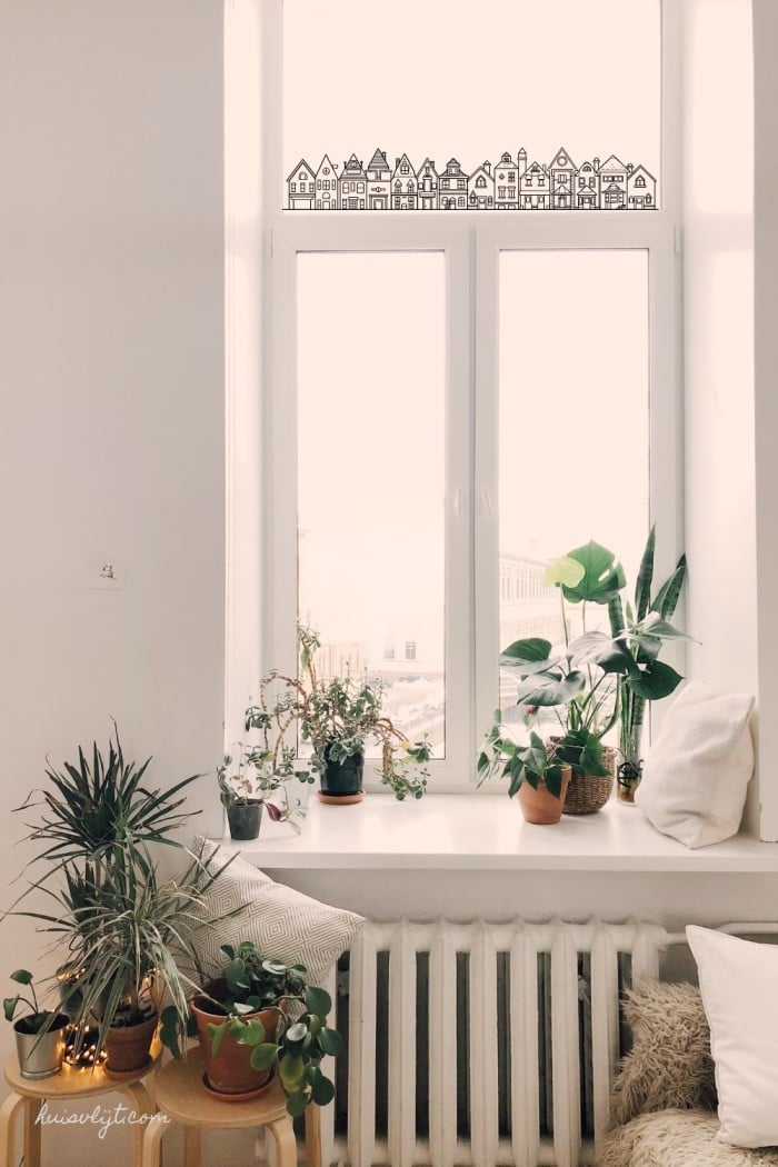 raamtekening kerst huisjes