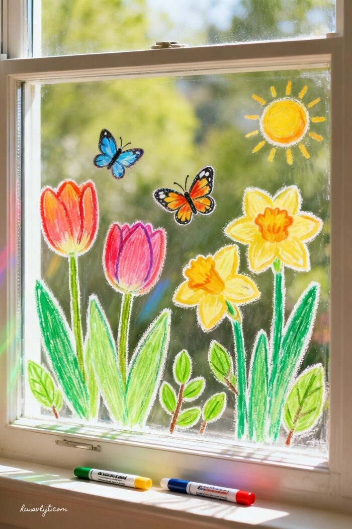 11 Eenvoudige ideeën voor voorjaars decoratie raam! 5 lente raamtekening