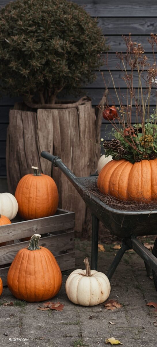 Herfst decoratie voor buiten: zo maak je je voordeur en tuin herfstklaar 3 pompoen decoratie herfst buiten