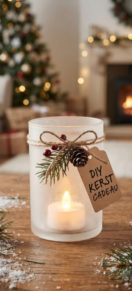 mooi ingepakt diy kerstcadeau met kraftpapier en dennentakje