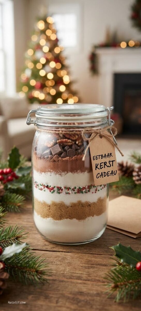 eetbaar zelfgemaakt kerstcadeau in een weckpot met laagjes