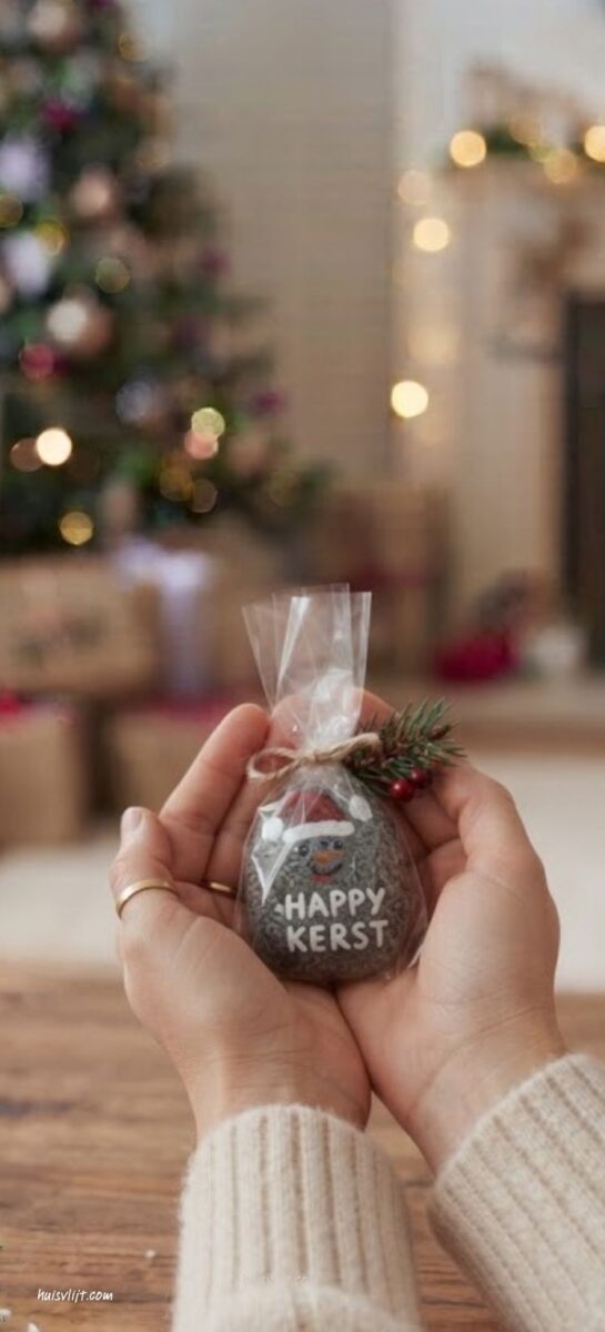zelfgemaakt kerstcadeautje happy stone met sneeuwpop