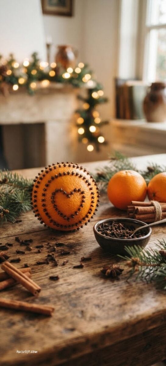 zelfgemaakte kerst pomander van een sinaasappel met kruidnagels