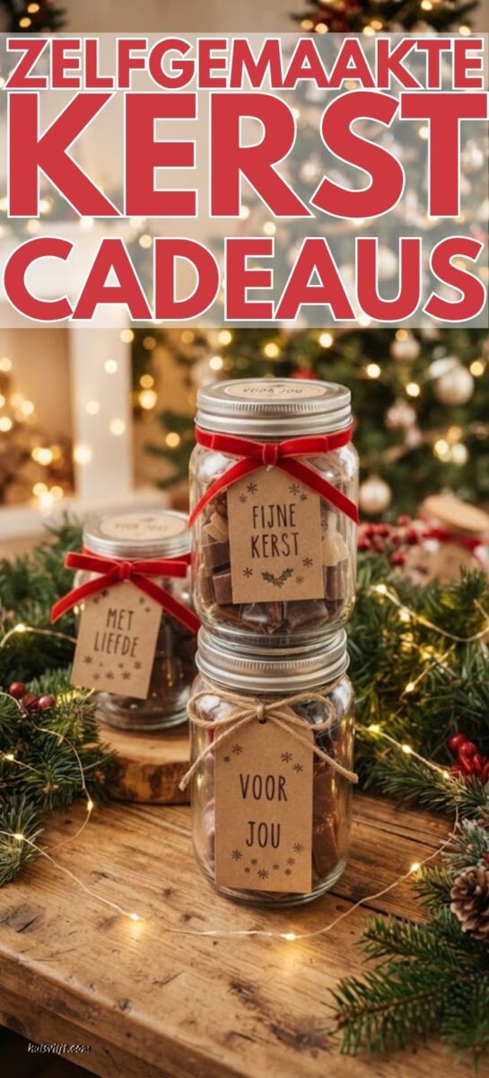 diverse zelfgemaakte kerstcadeautjes op een sfeervolle houten tafel
