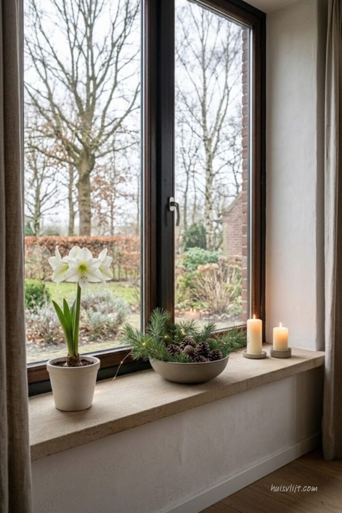 Kerst vensterbank decoratie: zo maak je het sfeervol 2 landelijke kerst vensterbank met amaryllis, dennengroen en kaarsen