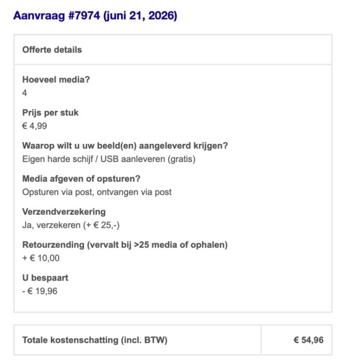 Oude videobanden digitaliseren: zelf doen of uitbesteden? (Mijn ervaring) 3 Overzicht van de kosten voor het laten digitaliseren van videobanden